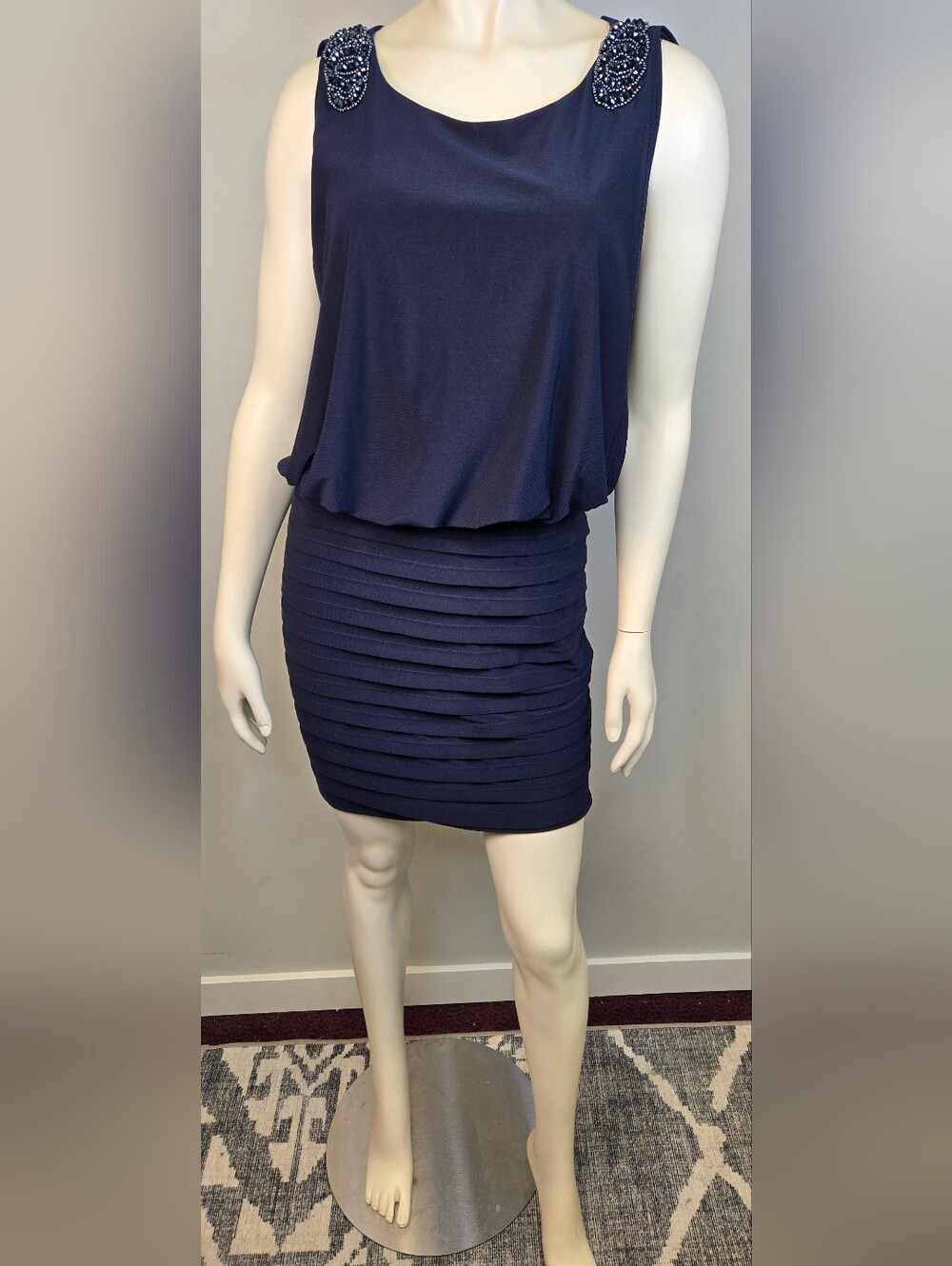 BA Nites Navy Sleeveless Beaded Shoulder Cocktail Dress Size 4